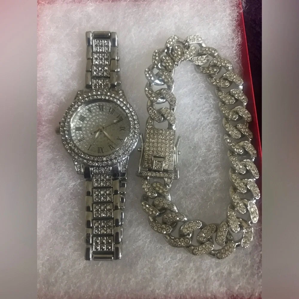 Silver Crystal-Embellished Watch and Bracelet Set